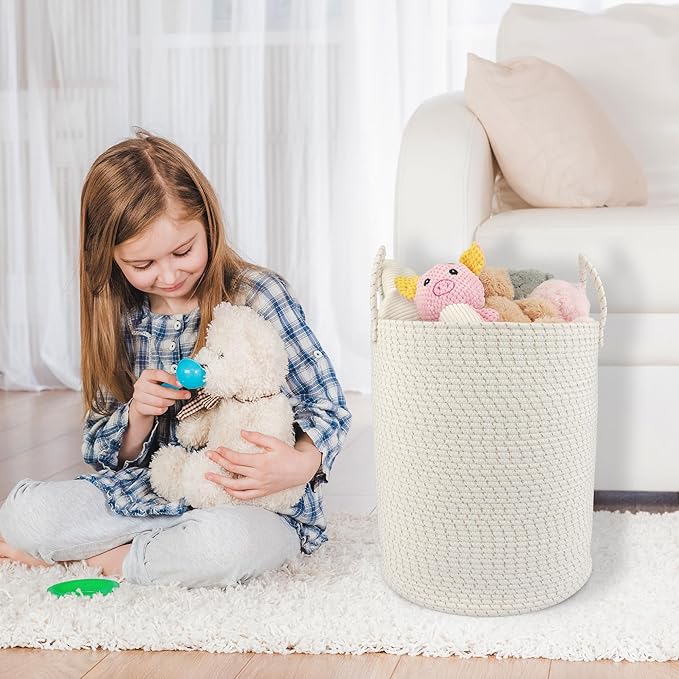XUANGUO Cotton Rope Laundry Basket Hamper for Clothes, striped | Woven Storage Basket for Living Room Bedroom Boho Tall Rope Baskets for Blanket Toys Pillow Towels Baby Nursery Hamper Bin