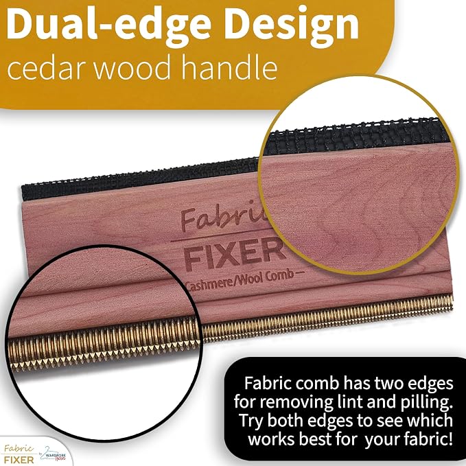 Cashmere and Multi-Fabric Sweater Comb Combo (Cedar Wood Handle Double Edge Design) Manual Fabric Defuzzer Wool Lint Shaver Comb Scraper for Clothing Pills, Furniture, Sheets and Fabrics