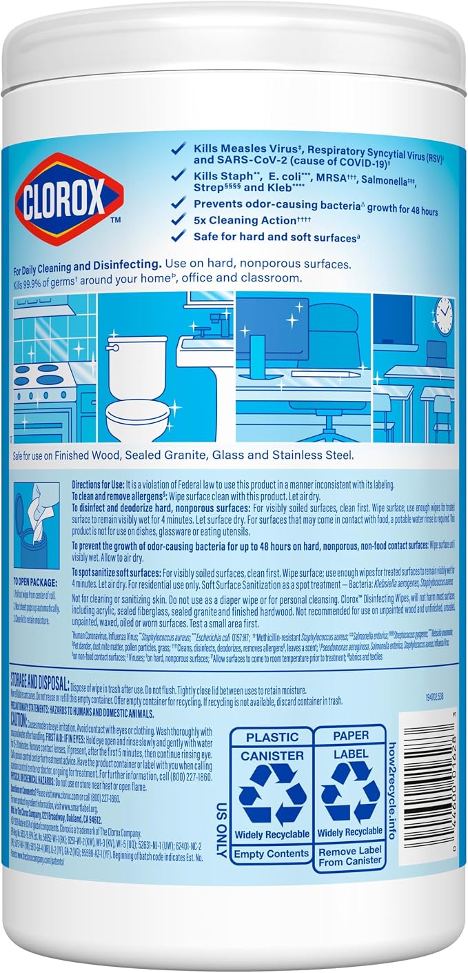 Clorox Disinfecting Wipes Back to School, Bleach Free, Crisp Lemon, 75 Count, Pack of 2 (Package May Vary)