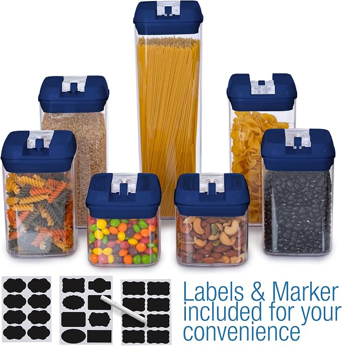 Set of 7 Airtight Food Storage Containers - Pantry Organizer Bins, BPA Free Plastic Containers plus Dry Erase Marker and Labels, Navy Blue