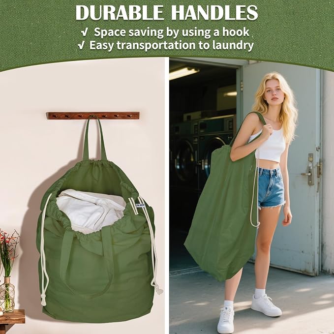 Canvas Laundry Bags with Handles & Rectangular Base, 20"Wx15"Dx27.6"H Green | Extra Large Heavy Duty Laundry Basket Hamper Liner Replacement, Washable Drawstring Dirty Clothes Bag, Canvas Storage Sack