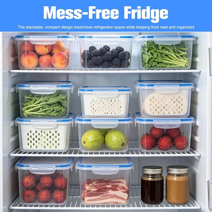 3 PCS Fruit Storage Containers for Fridge,Removable Colander,Airtight Food Storage Containers,Keep Fresh Longer