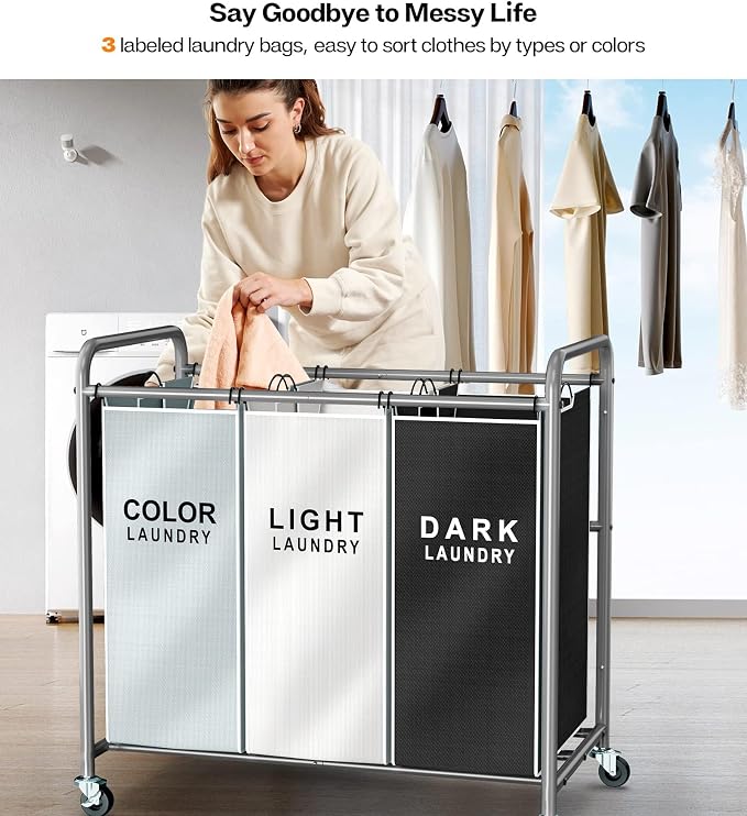 ROMOON Laundry Sorter Hamper 3 Section, Divided Laundry Basket Organizer | Rolling Clothes Hamper with Heavy Duty Lockable Wheels and Removable Bags for Apartment, Dorm & Family, 135L, Multicolor