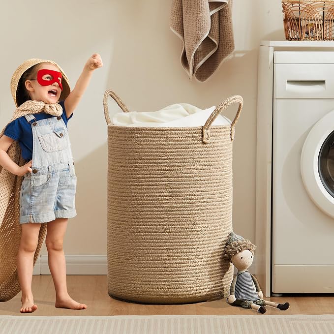 80L Large Jute Woven Laundry Hamper Tall Wicker Laudnry Basket | Rope Clothes Hamper Boho Blanket Basket in Living Room Bedroom 16"D x 22"H Extra Large
