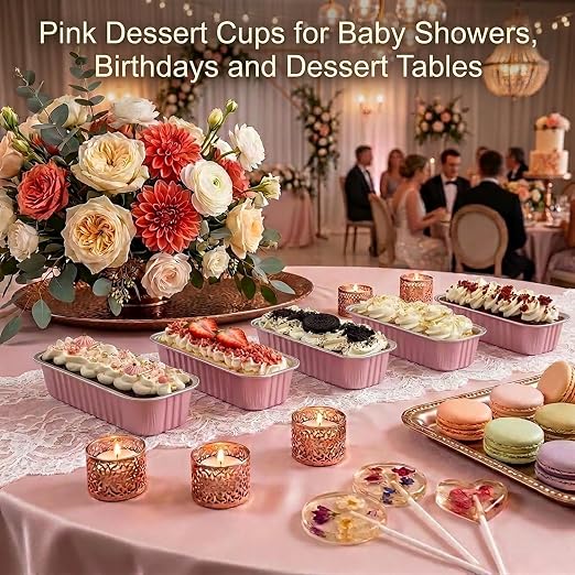 YQER 100 Pack Pink Mini Cake Pans with Lids and Spoons, 6.8oz Disposable Aluminum Foil Mini Loaf Pans Cake Tins with Stickers and Reusable Decorating Set for Small Cakes, Baby Shower, Gift and Parties