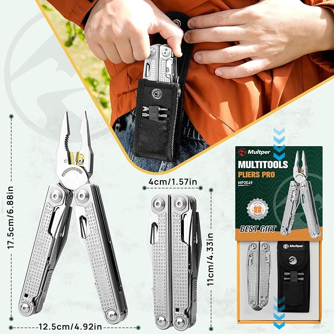 Multper Multitool Pliers with Damascus Knife & Large Scissors,Screwdriver | EDC Multi tool with Replaceable Wire Cutters, Sheath, Bottle Opener, Ideal for Camping,Survival, Repair, Gifts for Men