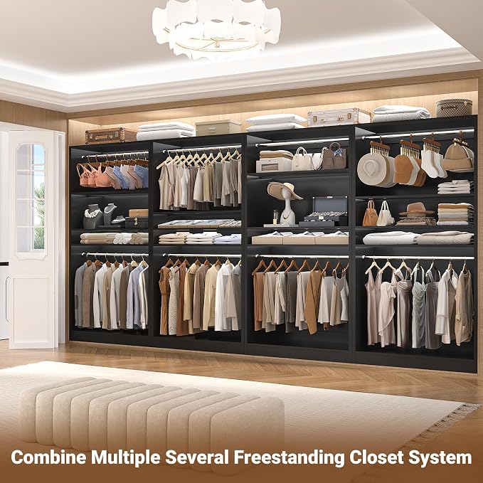 Unikito 72'' Closet System with 4 Hanging Rods, Walk-in Clothing Organizer, 2-Piece Wood Garment Rack for Bedroom, Black