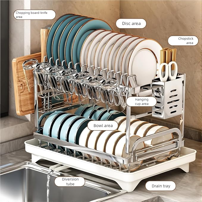 TarnorLe Double Layer Dish Drying Rack, Storage Super Large Bowl Dish Rack, Multifunctional Kitchen Countertop with Drain Pan, 304 Stainless Steel Kitchen Drying Rack, Tableware, Glass Drying Rack