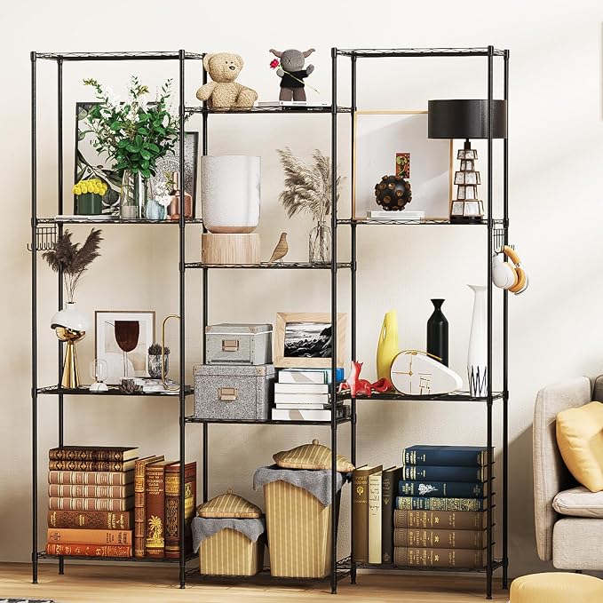 Homdox 6-Tier Storage Shelf Wire Shelving Unit Free Standing Rack Organization Adjustable Leveling Feet, Stainless Side Hooks, Black