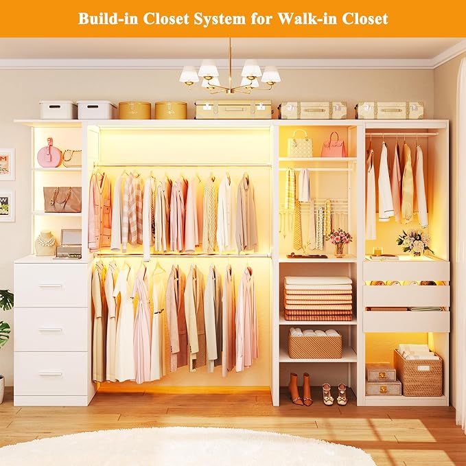 Large Corner Closet System Set with 6 Drawers & Shelves, 100'' Reversible Closet Organizer System with LED Lights & 8 Jewelry Hooks & Glasstop, Walk-in Closet with 4 Hanging Rods, L Shaped/Straight