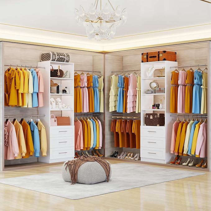 Closet System with 3 Drawers, 4FT-9FT Custom Closet Organizer System Modular Walk in Closet Storage Wooden System with 4 Expandable Hanging Rods Adjustable Shelves White