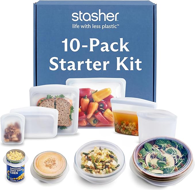 Stasher Silicone Reusable Storage Bags & Stretch Lids, 10-Pack Starter Kit, Reusable Freezer Bags, Microwave, Dishwasher, Oven Safe, Sous Vide, Lunch Containers, Eco Friendly, Food Storage Bags, Clear