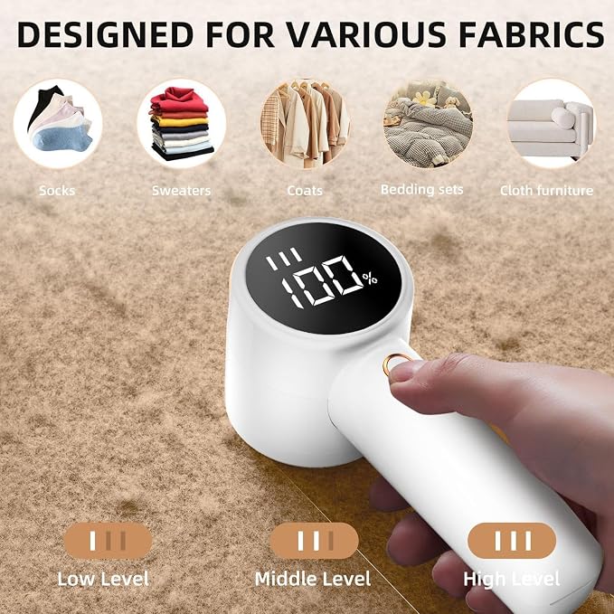 Fabric Shaver,Lint Remover Rechargeable,Lint Shaver, Hairball Trimmer,Digital LED Display to Remove Pilling for Clothes, Furniture, Sweater, Couch, Blanket (White)