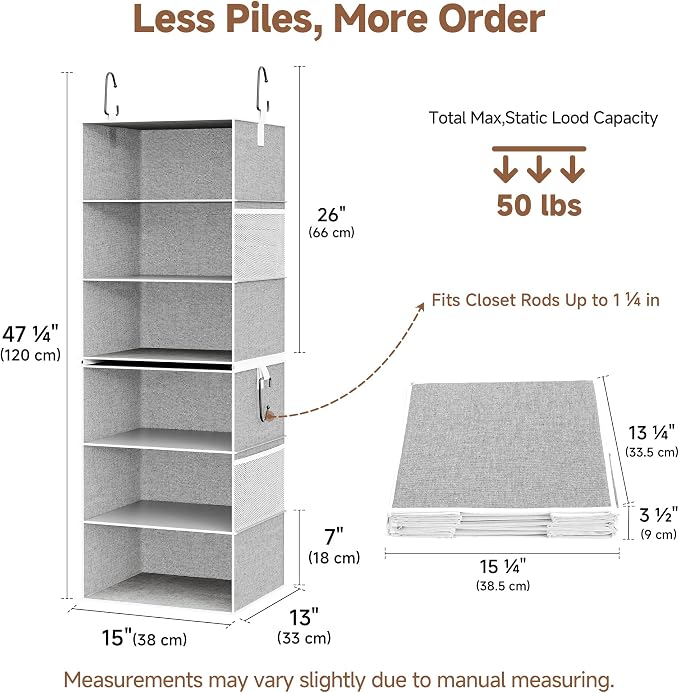 StorageWorks 6-Shelf Jumbo Closet Organizers, Two 3-Shelf Separable Hanging Shelves for Closet, 13" D x 15" W x 47 ¼"H，Gray
