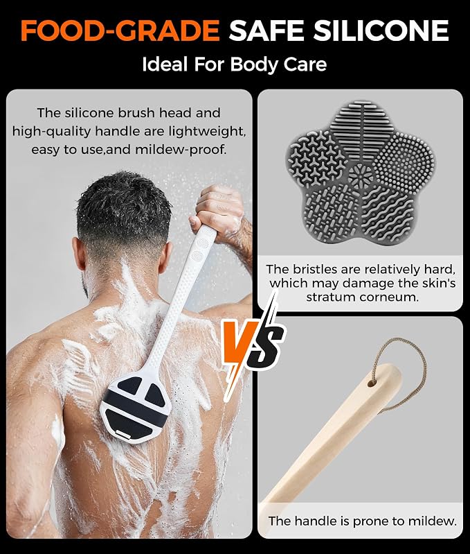 Back Scrubber for Shower - Long Handle Body Brush with Soft Bristles, Exfoliating Deep Clean, Black + Pink