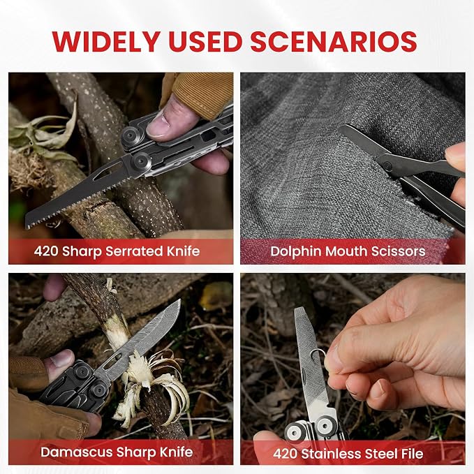 16-in-1 Multitool Pliers, Full-size, EDC Knife, Stainless Steel | Scissors, Damascus Pocket Knife, Nylon Sheath, Adjustable Hex Wrench, Survival, Camping, Hiking, Repair, Gift for Men Dad