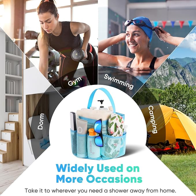 EUDELE 2 Pack Mesh Shower Caddy Portable for College Dorm Room Essentials, Shower Caddy Dorm with 8-Pocket Large Capacity,Shower Bag for Beach,Swimming,Gym All Black+All Ice Blue