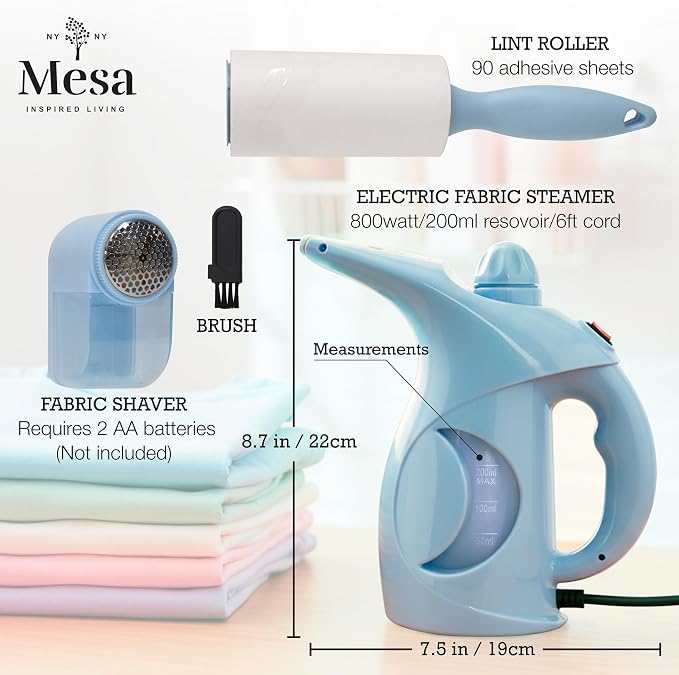 Inspired Living Fabric Care Kit – 3-Piece Clothes Care Set with Handheld Steamer, Lint Roller & Fabric Shaver/Defuzzer – Travel Steamer & Wrinkle Remover Kit – Blue Egg