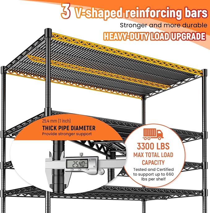 24" D Storage Shelves 3300 LBS Heavy Duty Garage Shelving, 5 Tier Metal Shelving Adjustable Wire Shelving Unit with Liners, 55" W x 24" D x 72" H for Commercial Warehouse, Black