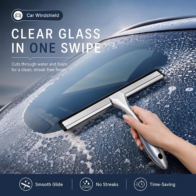 Shower Squeegee for Glass Doors, Stainless Steel Bathroom Squeegee with 3 Kinds of Waterproof Adhesive Hooks, 10 Inch Window Mirror Tile Wall Car Glass Cleaner Tool, Streak-Free Silicone Blade