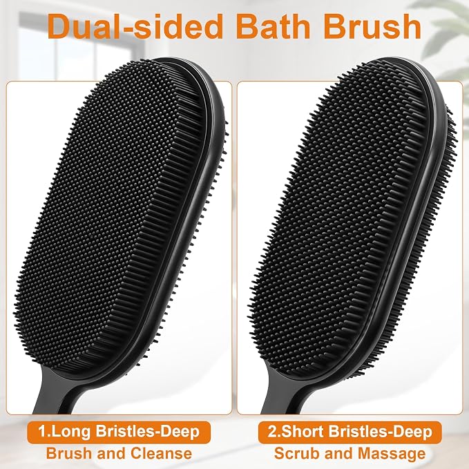 Silicone Back Scrubber for Shower, Long Handle Silicone Body Scrubber with 5.4" Wide Brush Head, Double Sided Back Brush for Shower Exfoliating Massage, 16.5" Silicone Back Brush for Men & Women