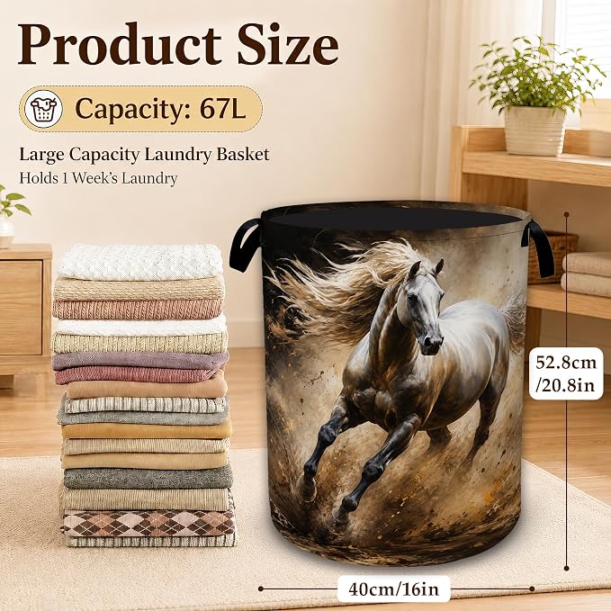 Running White Horse Decorative Laundry Hamper, Tall Foldable Oxford Clothes Basket with Handles, Lightweight Dirty Clothes Holder for Bedroom Bathroom Laundry Room