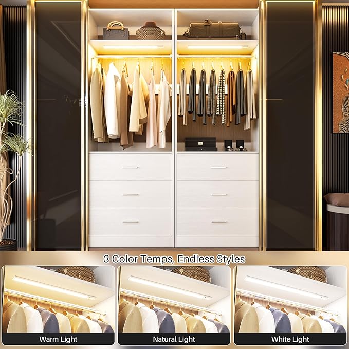 Besiost 8FT Closet System with 4 Motion Sensor LED Lights, 96" Closet Systems with 12 Drawers, Closet Organizer System with 4 Hanging Rods & 4 Shelves, Heavy Duty 96 Inch Walk-in Closet, White