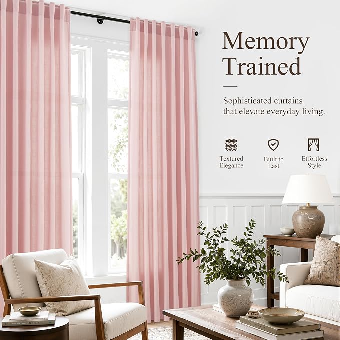 Hokibero Pink Linen Curtains 108 Inches Long Drape for Living Room 2 Panels | Light Filtering Semi Sheer Curtain, Back Tab Rod Pocket Pleated Look, Pink Drapes for Bedroom Nursery Privacy, Boho Farmhouse