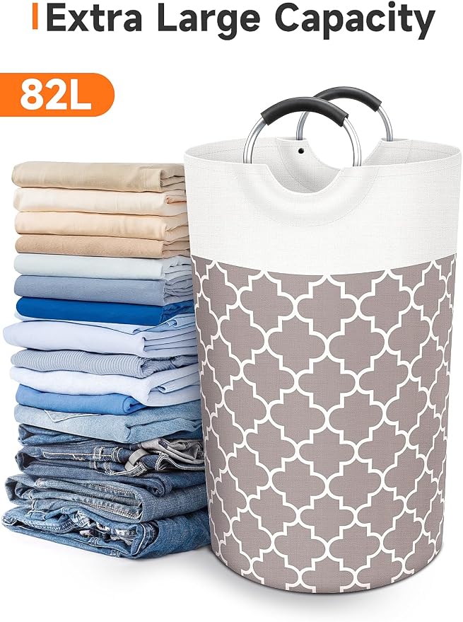 Large Laundry Basket, 82L Tall Collapsible Hamper with Handles, Khaki | Freestanding Laundry Hamper, Waterproof Dirty Clothes Storage Bag for College, Bathroom, Foldable Washing Bin for Travel