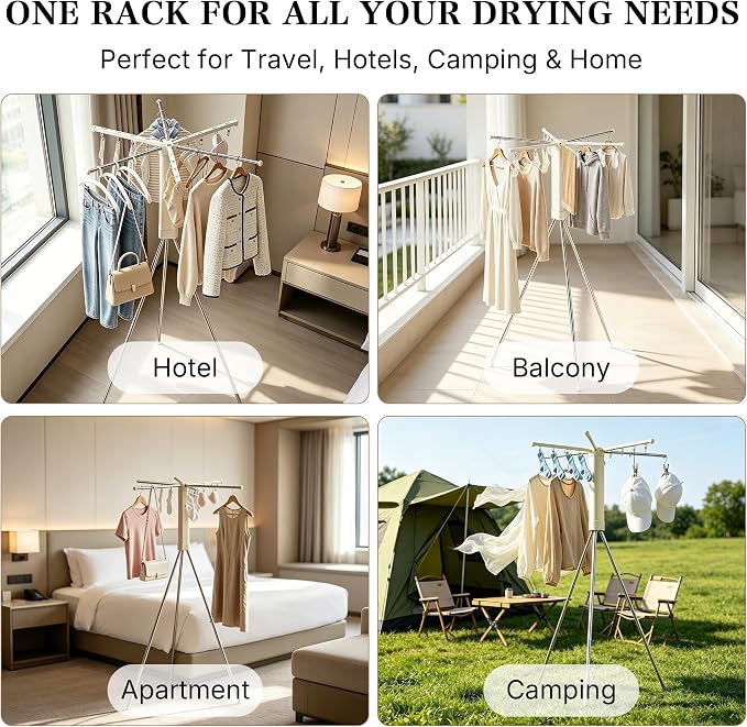Foldable Clothes Drying Rack, Adjustable Windproof Laundry Drying Rack with Grooves & Clips, Outdoor Clothes Drying Rack Stand for Indoor Outdoor,Travel, Camping, Hotel, RV, Small Apartment