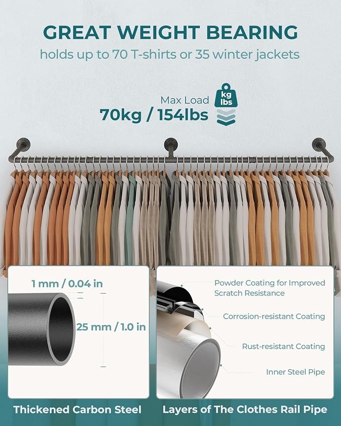 OROPY 65.7" Heavy Duty Industrial Pipe Clothes Rack for Hanging Clothes | Wall Mounted Clothes Bar, Space Saving Iron Garment Rack, Multi-Purpose Hanging Rod for Bedroom, Closet, Black, 3 Base