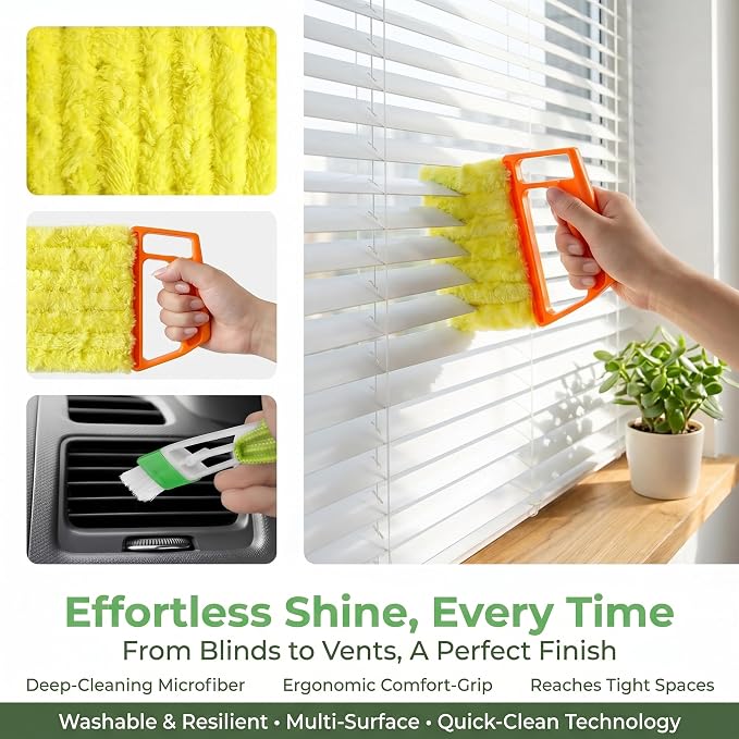 4Pcs Microfiber Blind Cleaning Brush with 7-Finger & 3-Finger Brushes, Washable Window Blinds Cleaner for Venetian Blinds, Shutters, AC Vents, Car Vents & Fans, Orange Blue