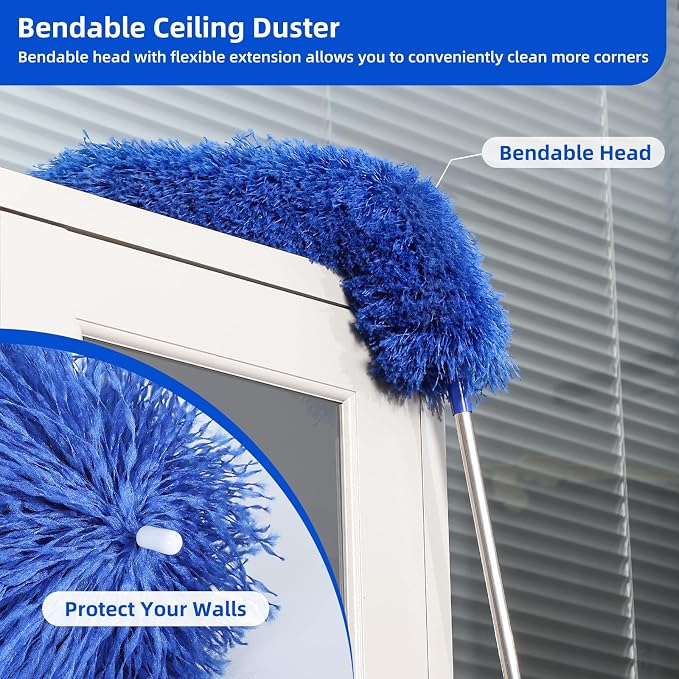 Microfiber Duster for High Ceiling Fan Blades, Cobweb with Extension Pole Adjusts 15-82 Inch, Reusable Cleaning Duster Kit with 3 Duster Heads for Wall Blinds Door Furniture Bookshelves (Blue)