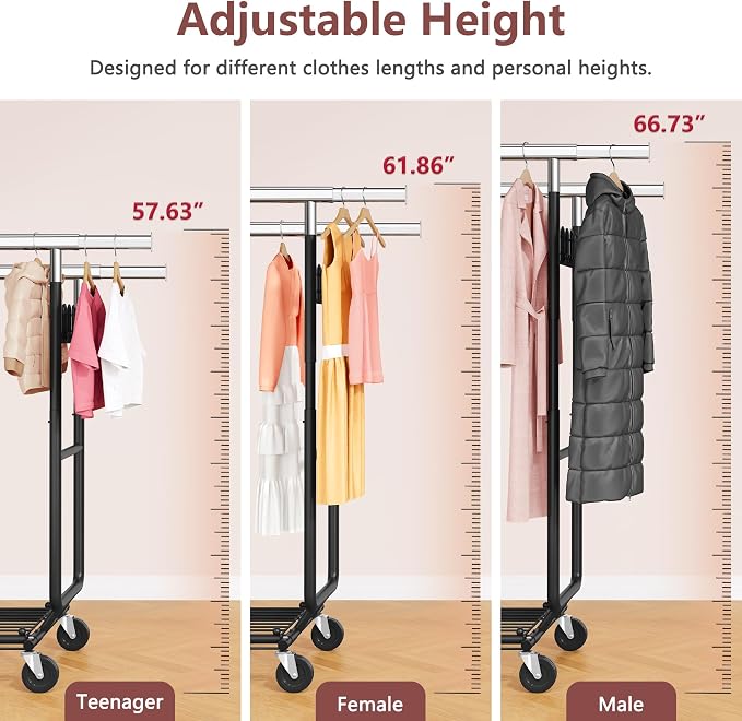 Hoctieon 2-Minute Assembly Double Rod Clothes Rack, Heavy Duty Rolling Clothing Racks with Wheels, Foldable Commercial Garment Rack, Extendable Hanging Bar, Adjustable Metal Pole with Hooks, Black
