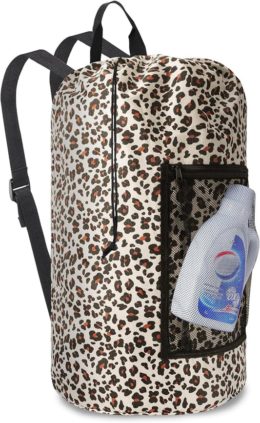 Laundry Bag Backpack Durable Laundry Bag with Shoulder Straps and Mesh Pockets Portable Laundry Hamper Dirty Clothes Bag for College, Travel, Laundromat, Apartment (Leopard Print)