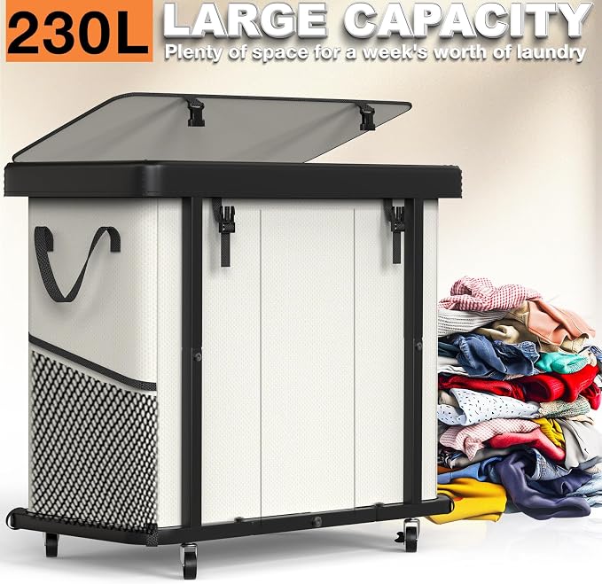 Laundry Basket with Wheels, 230L(60Gal) Laundry Sorter 3 Section - Beige | Leather Patchwork Laundry Hamper, Sturdy Metal Frame, Removable Washable Bag, Tall Clothes Sorter for Bedroom