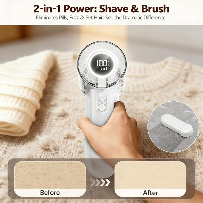 Rechargeable Fabric Shaver Lint Remover, 2-in-1 6-Blade Lint Shaver for Clothes Sweater Furniture, 3-Speed, LED Display, 2000mAh USB-C, 200ml Container, Removes Fuzz & Pilling