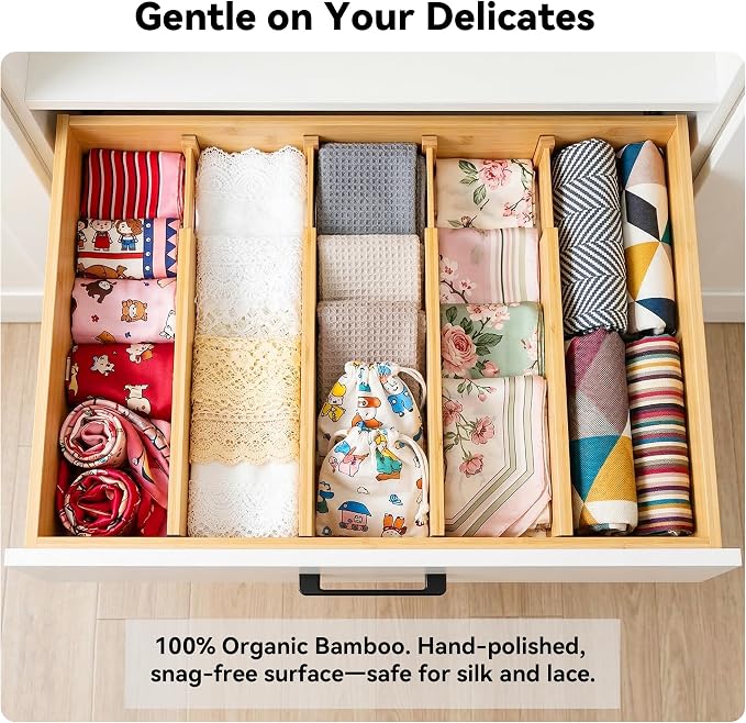 4 Pack Deep Drawer Dividers, 6" High Bamboo Expandable Drawer Organizers, 17-22" Adjustable Tension Separators, Large Drawer Dividers for Kitchen, Bedroom Dresser, Baby Nursery & Bathroom
