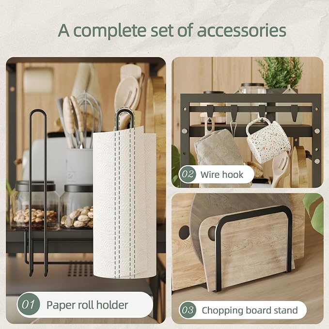 NETEL 3 Tier Expandable Microwave Stand countertop,Microwave Oven Rack | microwave shelf with Paper Towel and Chopping Board Holder, storage shelf for appliances,55 Lbs load Per Tier,Black