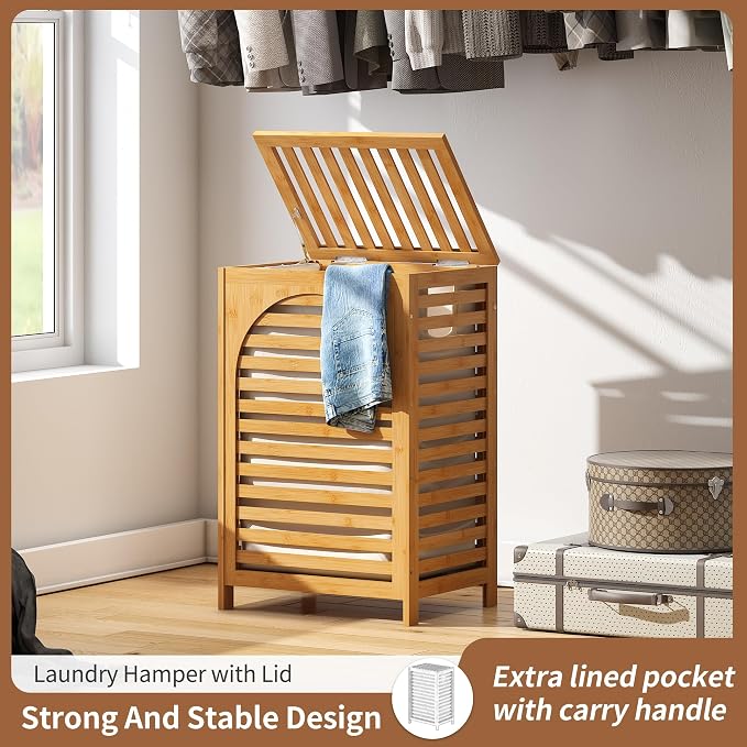 Laundry Hamper with Lid (16.9 * 13 * 26.5inches) Large Bamboo Laundry Bin Basket 85L Clothes Hamper with 1 Removable Bag Storage baskets for Bathroom(Natural)