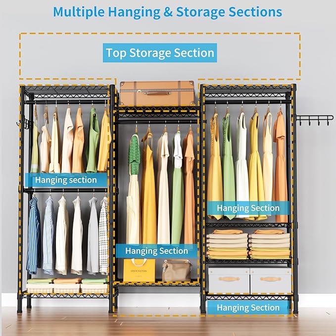 Golpart Heavy Duty Clothes Rack Metal Wardrobe with Adjustable Wire Shelves | Closet Organizers and Storage Clothing Rack Metal System Freestanding Hanging Clothes System Free Standing Garment Coat Racks