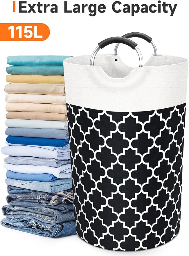Large Laundry Basket, 115L Tall Collapsible Hamper with Handles, Black | Freestanding Laundry Hamper, Waterproof Dirty Clothes Storage Bag for College, Bathroom, Foldable Washing Bin for Travel