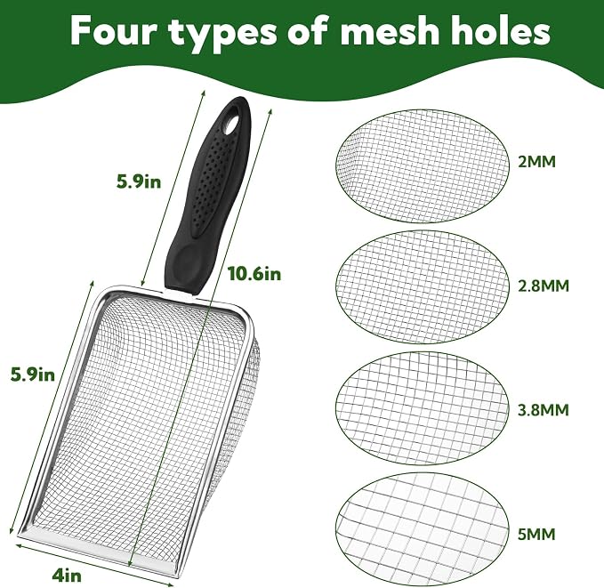 4-Pack Stainless Steel Soil Sifter Set with Handle, Multi-Mesh Garden Sifter for Compost, Sand, Rocks - Gardening Tool & Reptile Sand Scoop for Litter Cleaning, Beach Shell Sifting