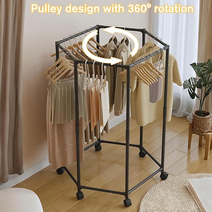 360° Rotating Multi-Tier Clothes Drying Rack with Wheels | Heavy-Duty Metal Garment Organizer for Bedroom, Closet, Balcony & Laundry Room | Space-Saving Corner Clothing Hanger Stand