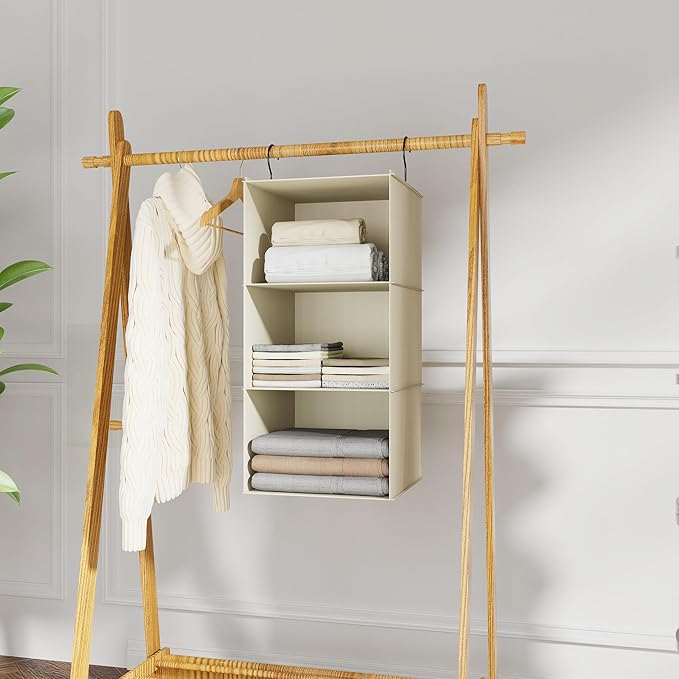 Hanging Closet Organizer 3-Shelf, Oxford Fabric Wardrobe Storage, Beige | Easy-mount foldable design holds clothes, handbags, shoes & accessories; washable Oxford fabric, sturdy and space-saving.