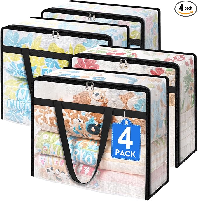 TasticTotes 4 Pack Clear Storage Bags for Comforter, Clothes & Bedding, 90L | Plastic Blanket Storage with Zipper & Handle, Foldable Moving Bags, Closet Organizer and Under-Bed Storage Containers
