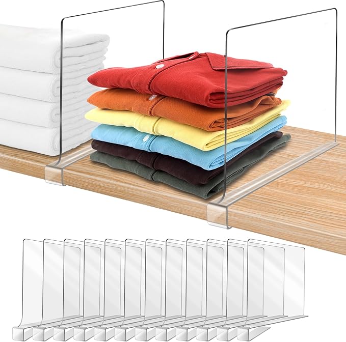 11 Inches Shelf Dividers for Closet Organization and Storage, 12 Pack Vertical Purse Organizer for Closet Adjustable Acrylic Bookshelf for Organization, Perfect for Sweater Shirts Handbags in Bedroom