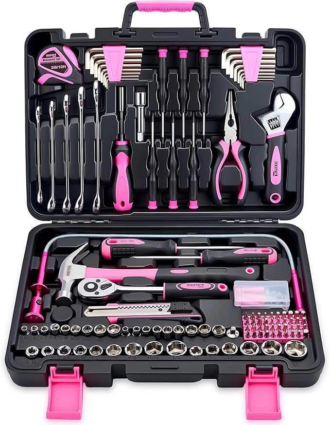 159 Piece Pink Tool Set, Tool Box Kit for Women Men, General Household Home Tool Kit, Basic Tool Kit for Home Auto Repair, with Storage Case