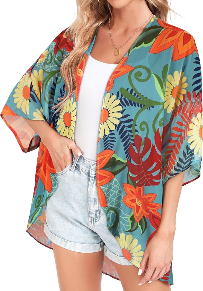 Women Kimono Cardigans Summer Cover Up Hawaiian Shirts Floral Print Tops | ROSEMIA chiffon kimono open front cardigans, beach cover ups, daily casual tops, cruise outfits, summer resort wear
