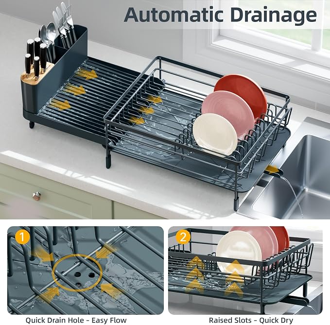 Urackify Large Dish Drying Rack, Expandable Dish Racks for Kitchen Counter, Multifunctional Dish Drainer with Utensil Holder & Cup Holder, 18.5"-26.7" L x 12.7" W, Dark Slate Gray